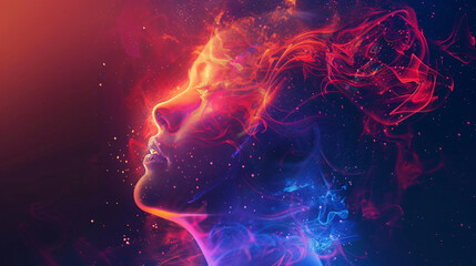 Wall Mural - Surreal portrait of a woman's face made of colorful smoke and particles in vibrant red and blue colors with a sense of mystery and wonder.