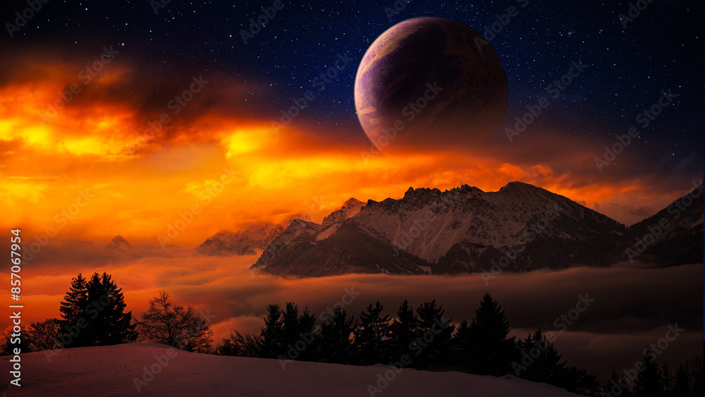 Cosmic scenery of alien worlds during sunset, a beautiful view of dusk ...