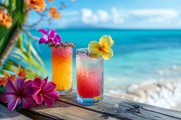 Wall Mural - A tropical cocktail bar on the beach, with colorful drinks and flowers