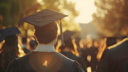 Wall Mural - Graduation ceremony, people wearing caps and gowns in sunlight with a blurred background of students walking away from the camera.