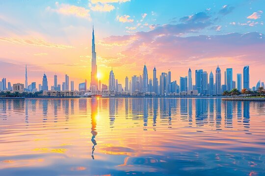 Dubai's skyline in the evening light, skyscrapers glowing as night falls over the world's fastest-growing city