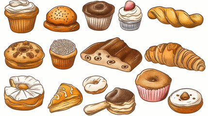 Hand draw abstract bakery icon set. Bread. Cake. Cookies. Buns.