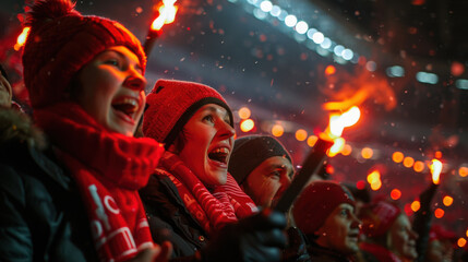 Wall Mural - Fans enthusiastically cheering with torches during a night event, bundled in warm clothes and illuminated by lights.