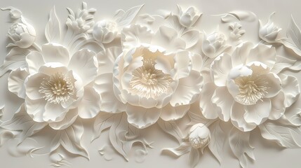 Wall Mural - White paper carving peony flowers illustration poster background