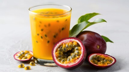 Wall Mural - Refreshing Passion Fruit Juice in Clear Glass with Visible Seeds, Healthy Tropical Beverage Concept Generative AI