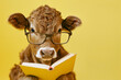 © vejaa - Cute calf with glasses reading book on yellow background. Education, back to school, learning, knowledge concept