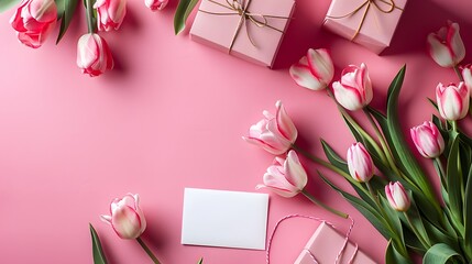 The background is pink, with tulips and gift boxes on the right side of it. There's an empty white card next to them, creating a clean composition for text or messages.