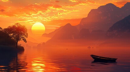 Wall Mural - A tranquil lake with mountains in the background, a small boat on the water, and a golden sunset, illustration background