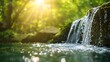 © horizon - Water falling from the sky, water droplets in closeup on a green background with sunlight. A water fountain with a natural spring stream or river.