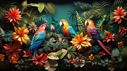 Wall Mural - A vibrant paper art illustration of a rainforest with exotic animals and plants -- 