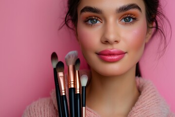 Sticker - Woman with set of brushes on pink background, Professional Woman with Makeup Brush Set on Vibrant Pink Background, Beauty Enthusiast Showcasing Makeup Brushes Against a Pink Backdrop