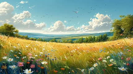 Whispering meadows alive with the rustle of tall grasses, where wildflowers sway in the breeze like dancers, and the song of birds fills the air with melody and magic. Illustration, Minimalism,