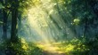 © CHAKKAPONG - A tranquil forest path with sunlight filtering through the trees and a soft mist, illustration background