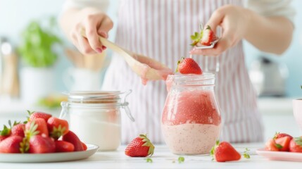 Wall Mural - Close-up of a woman preparing a strawberry smoothie in a jar with fresh strawberries, showcasing a healthy, homemade dessert.