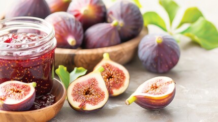 Wall Mural - Jars of fig jam, accompanied by fresh figs and green leaves, are placed on a light wooden surface with a dreamy, bokeh background.