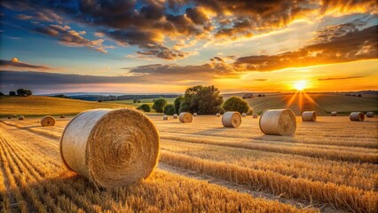 Wall Mural - Close-up of hay bales in a picturesque French field at sunset, France, landscape, countryside, straw, agriculture, farm