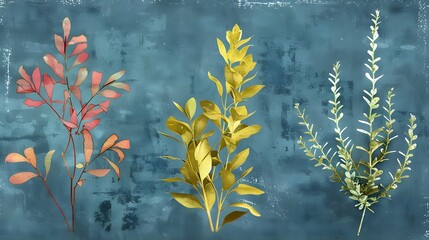 Wall Mural - A collection of three textured, drawn underwater plants, depicting a stylized interpretation of aquatic flora on a tranquil blue background.