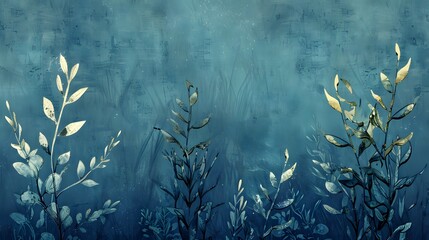 Wall Mural - A collection of three textured, drawn underwater plants, depicting a stylized interpretation of aquatic flora on a tranquil blue background.