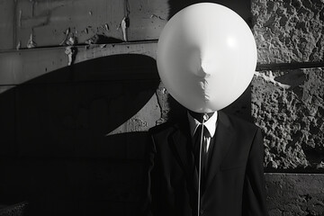 Man Wearing Suit With Headless Balloon in Front of a Wall