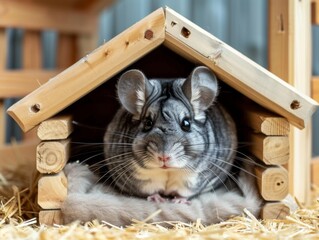 Wall Mural - A gray and white hamster is sitting in a wooden house