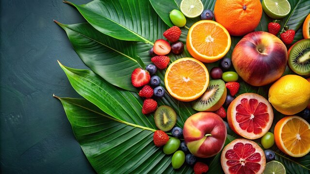 Fresh ripe fruit placed on a vibrant green leaf, fruit, green, leaf, organic, natural, healthy, colorful, vitamin C