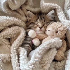 Wall Mural - A cat is sleeping with a teddy bear