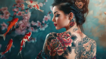 A woman with flower tattoos on dark background.