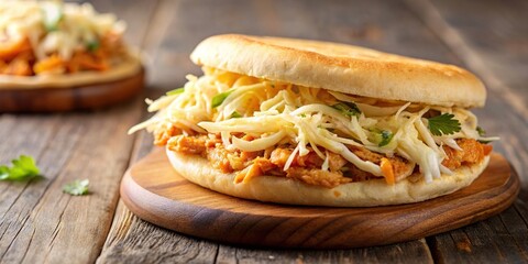 Wall Mural - Arepa stuffed with cheese and shredded chicken, Arepa, stuffed, cheese, shredded chicken, Venezuelan, traditional