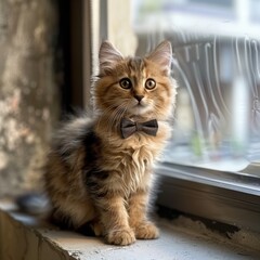 Wall Mural - A kitten wearing a bow tie is sitting on a window sill