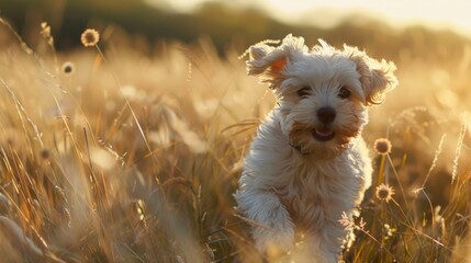 Wall Mural - A small white dog is running through a field of tall grass