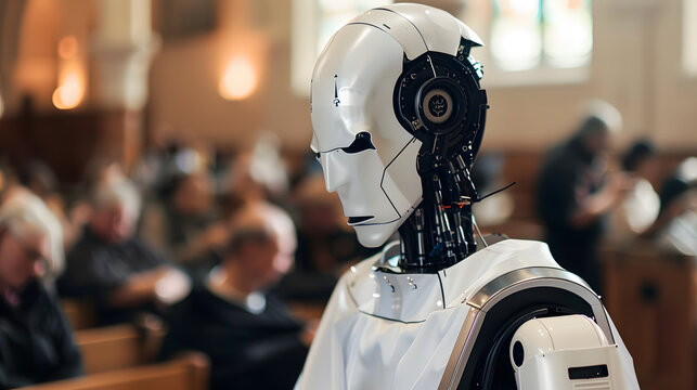 ai robot dressed in priest's robes, preaching in a church. this futuristic scene combines traditiona