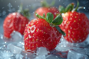 Wall Mural - Three vibrant red strawberries are resting atop icy cubes