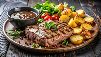 Wall Mural - Sirloin steak grilled medium rare with potatoes and salad drizzled in mushroom black pepper sauce, sirloin