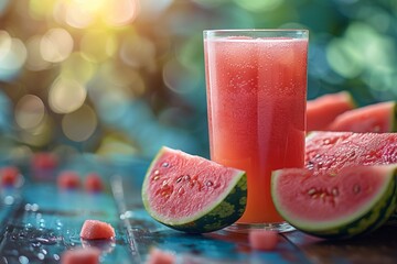 A glass of watermelon juice and slices on a table