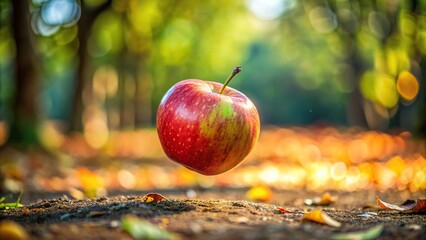 Wall Mural - Close-up of a ripe apple falling to the ground, apple, falling, close-up, fruit, fresh, natural, agriculture, tree, harvest, autumn
