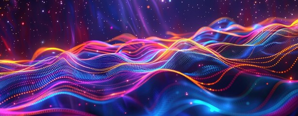 Wall Mural - Abstract background with colorful wavy lines and glowing dots.