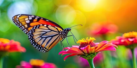Wall Mural - Butterfly perched on a vibrant flower , Butterfly, Flower, Nature, Insect, Pollination, Beauty, Garden, Wings, Colorful, Botanical
