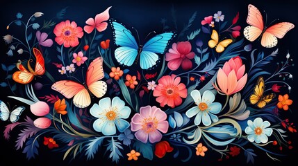 Wall Mural - A whimsical pattern of butterflies and flowers - 