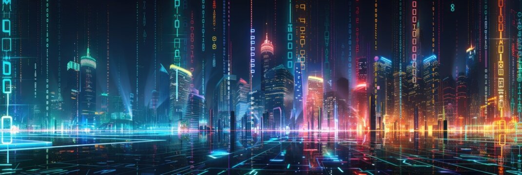 Abstract futuristic cityscape background with glowing neon lights and binary code.