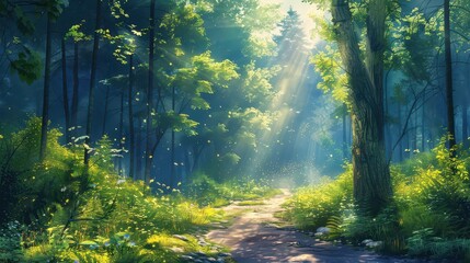 Wall Mural - A tranquil forest path with sunlight filtering through the trees, illustration background