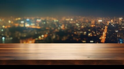 Wall Mural - Wooden tabletop with blurred cityscape background. Mockup concept. AIG35.