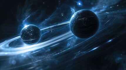 Wall Mural - abstract art of blue and black digital planet connected by glowing lines. aig53f.