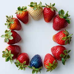 Wall Mural - Red and one blue strawberries circle frame on white background space in the middle