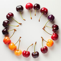 Wall Mural - Red and yellow cherries circle frame on white background 