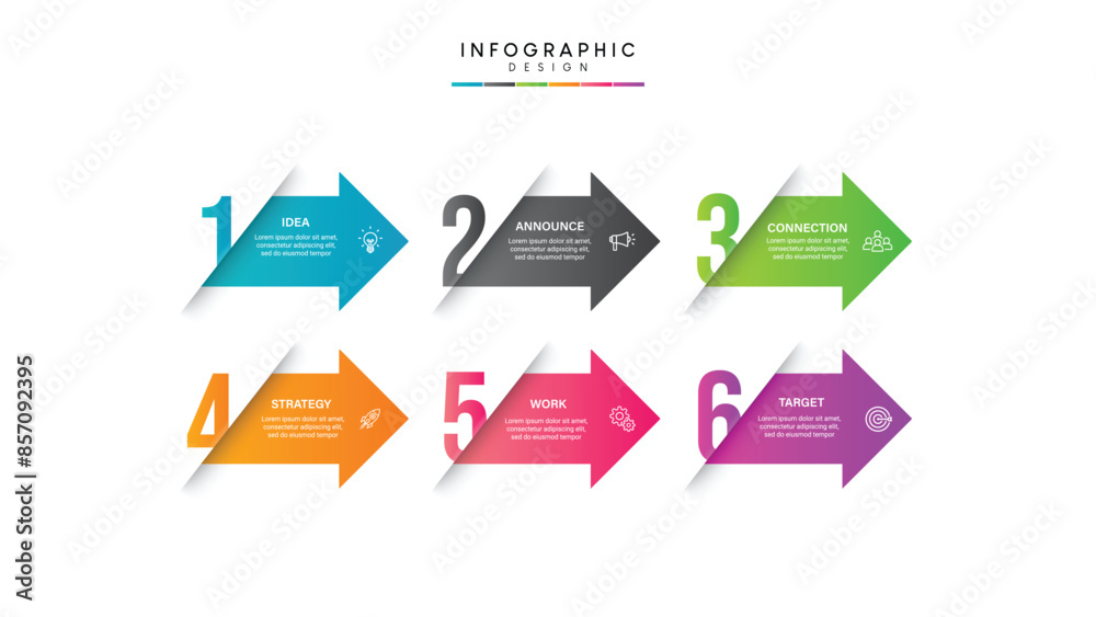 Business growth arrow template. Infographic 6 steps to success. Vector ...