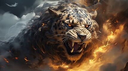 An elemental cheetah surrounded by swirling winds, crackling lightning, and roiling clouds, representing the power of nature  