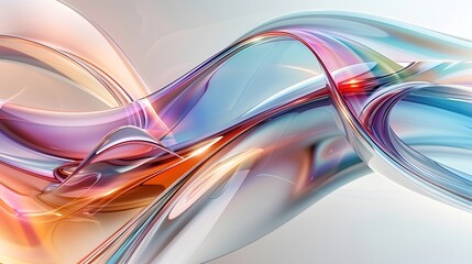 Wall Mural - An elegant abstract image showcasing smooth 3d glass curves with colorful reflections on a pure white backdrop