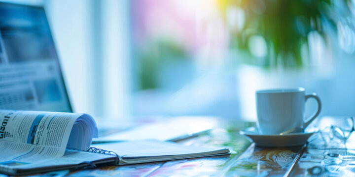 Close up of office desktop on blurry blue breaking news pattern background.