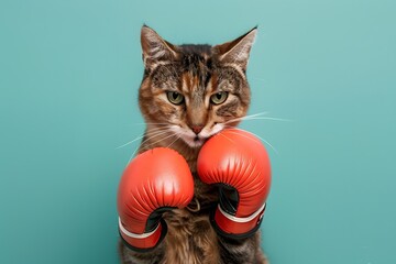 Wall Mural - Cute funny boxer cat wearing boxing gloves on color background.