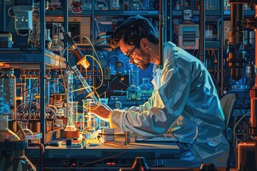 Poster - A scientist is conducting experiments using a microscope and hightech laboratory equipment AIG58